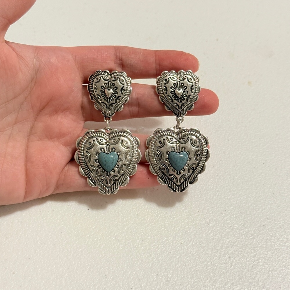 Western Silver and Turquoise Heart Drop Earrings - Picture 4 of 6